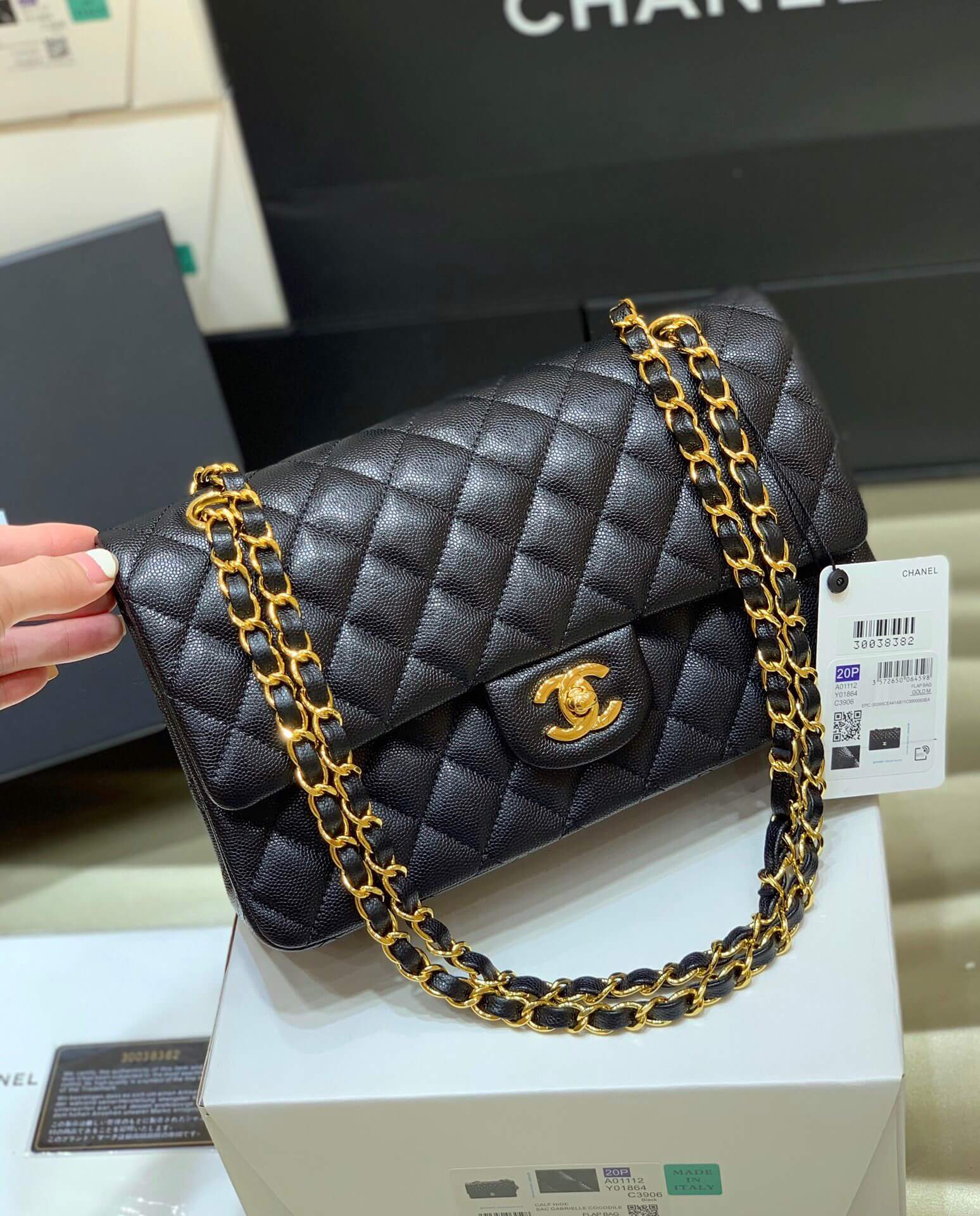 Chanel CF25 Classic flap bag A01112黑色小球纹金扣