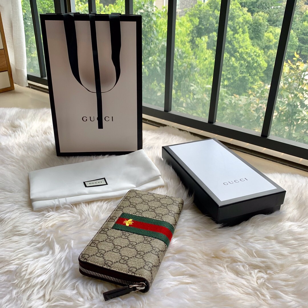 Gucci/古驰 408831经典红绿织带刺绣小蜜蜂拉链钱包