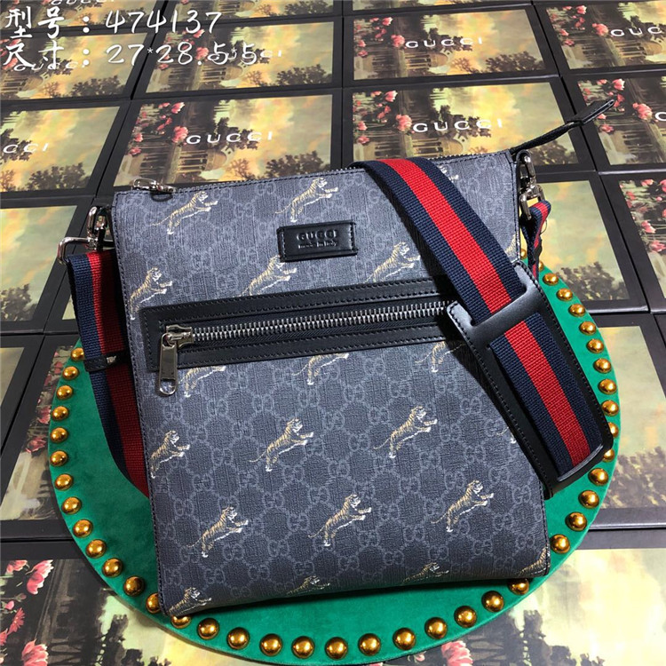 Gucci/古驰 474137 饰老虎印花 黑色帆布邮差包