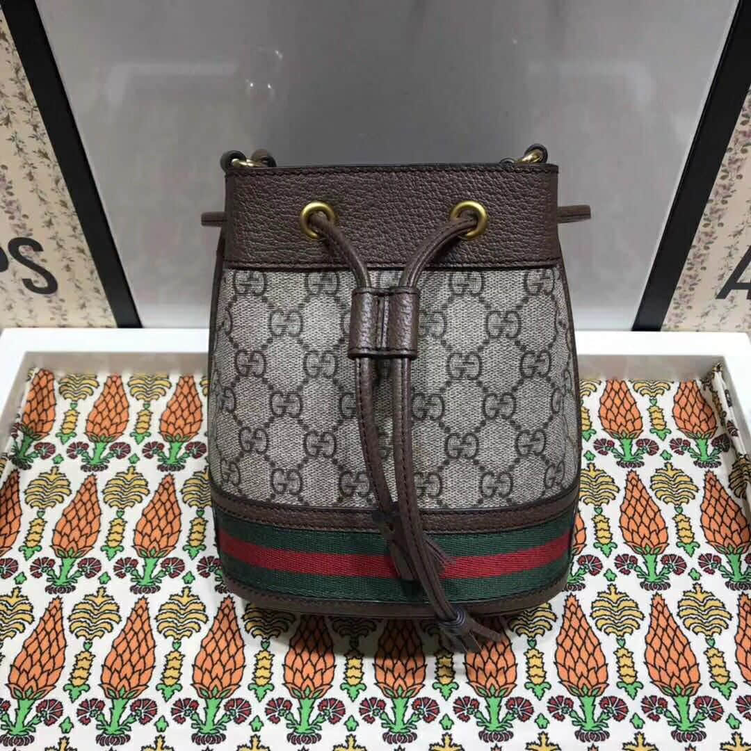 Gucci/古驰 550620 Ophidia nano红绿条纹织带帆布小水桶