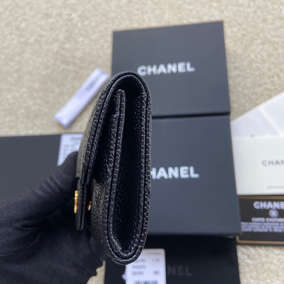 CHANEL进口意大利颗粒小牛皮钱夹 A80799黑色球纹金