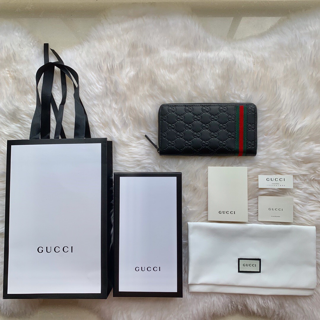 Gucci/古驰 308009 ssima 经典红绿织带 压花牛皮拉链