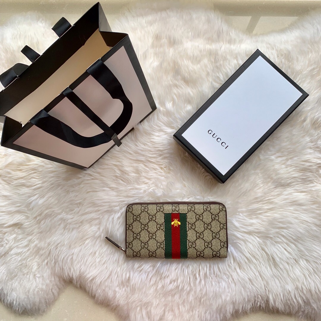 Gucci/古驰 408831经典红绿织带刺绣小蜜蜂拉链钱包