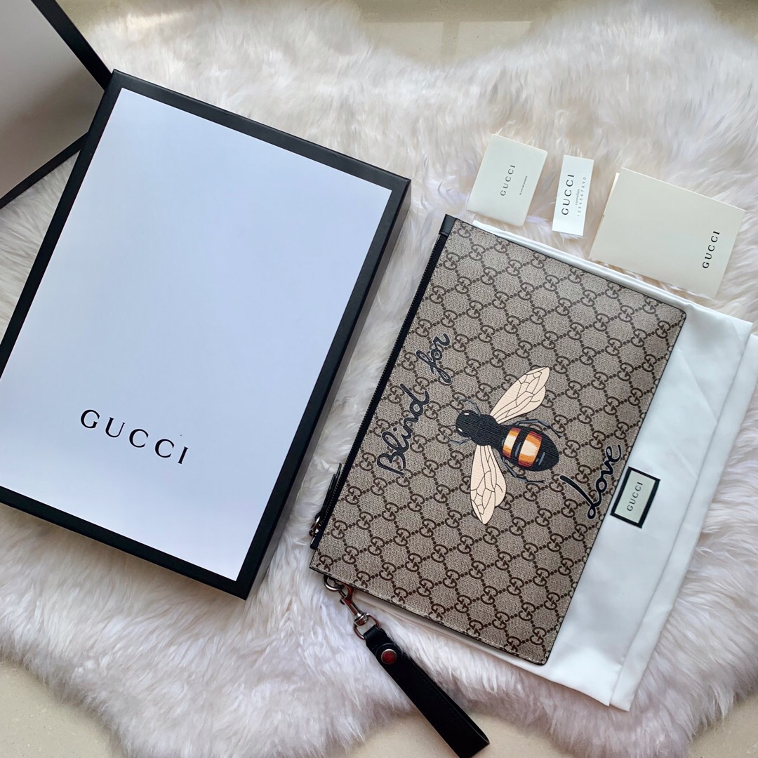 Gucci/古驰 473904 蜜蜂印花高级人造帆布手拿包