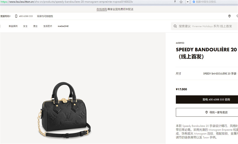 LV M58958 M58953 SPEEDY BANDOULIÈRE 20 手袋