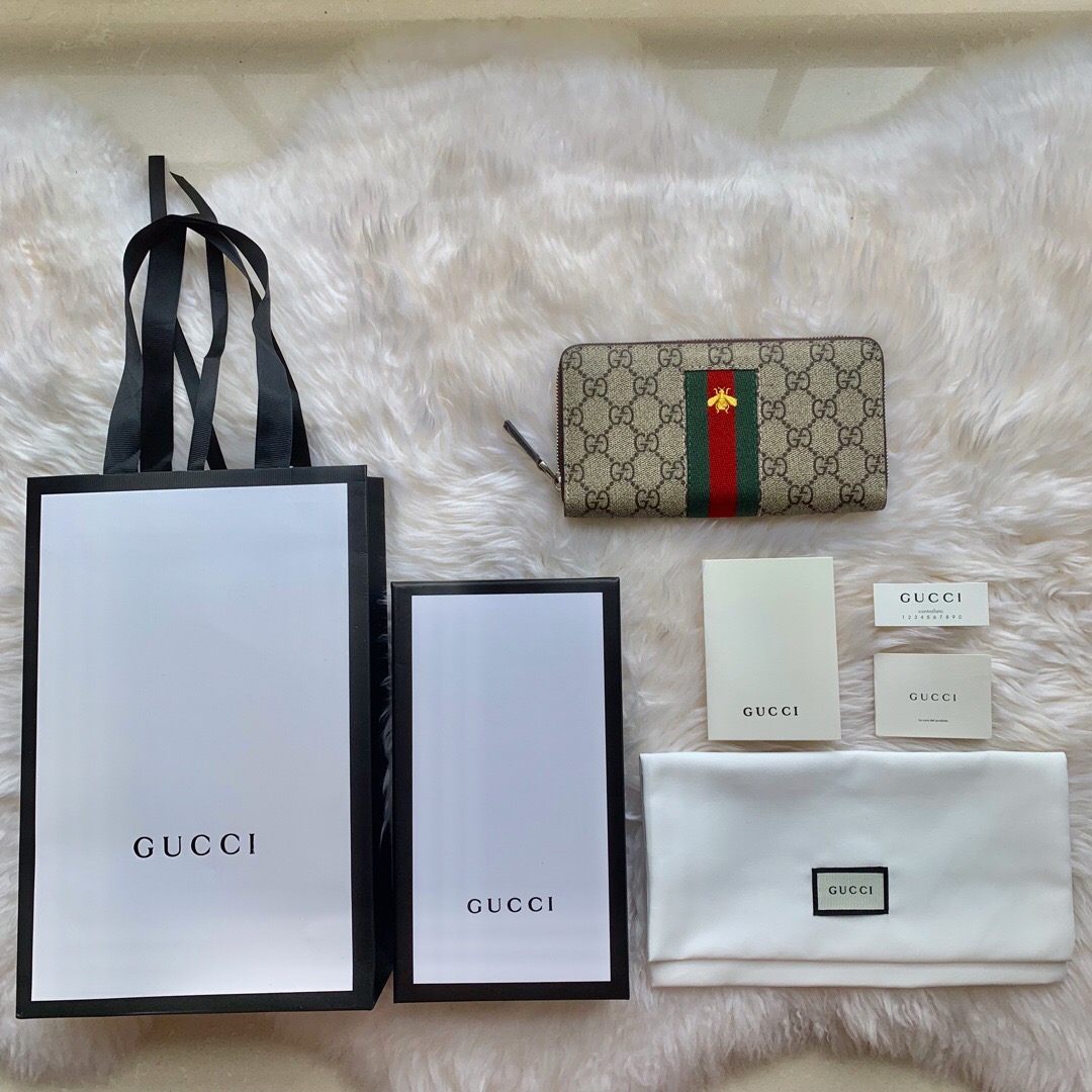 Gucci/古驰 408831经典红绿织带刺绣小蜜蜂拉链钱包