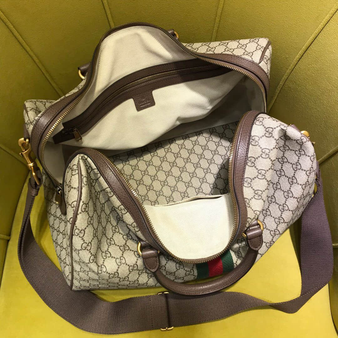 Gucci 547953 GG Supreme Keepall 红绿织带装饰旅行包