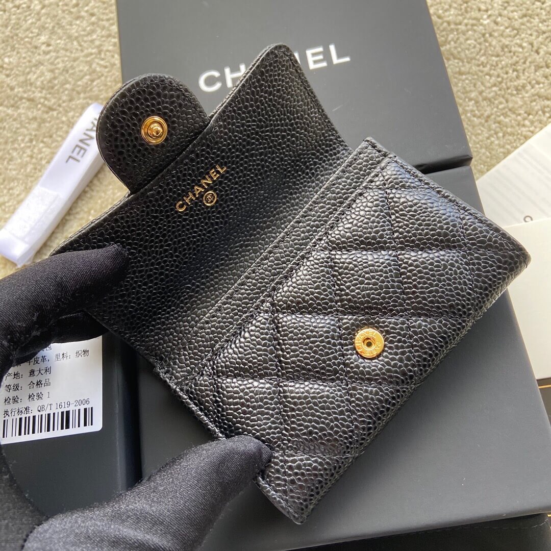 CHANEL进口意大利颗粒小牛皮钱夹 A80799黑色球纹金