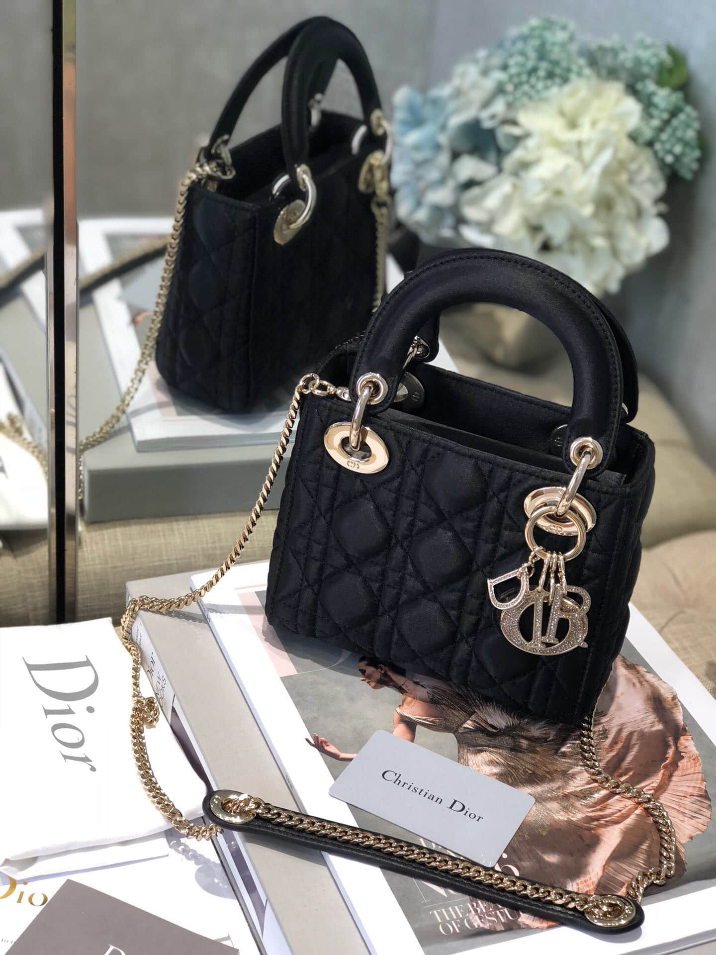 Dior Mini Lady satin crystal 3D水晶扣缎面3格戴妃包