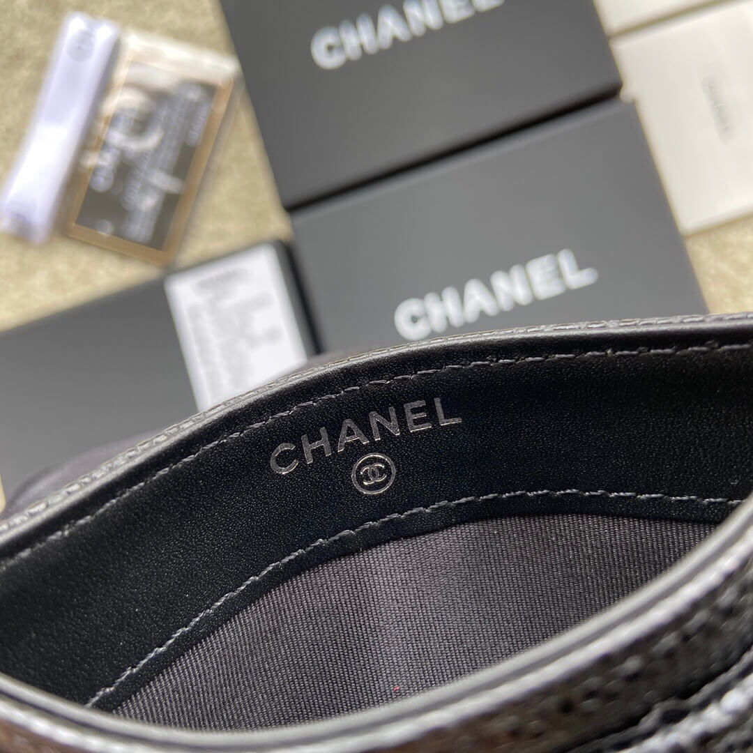 CHANEL进口意大利颗粒小牛皮卡夹 A84431黑色球纹银