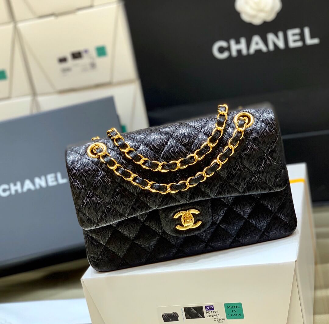 Chanel CF23 Classic flap bag A01113黑色小球纹牛皮金扣