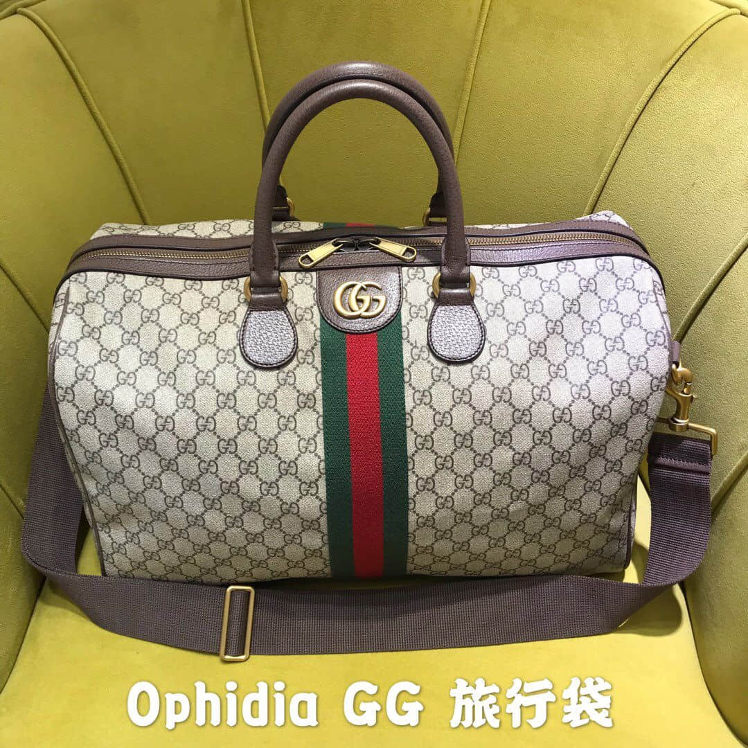 Gucci 547953 GG Supreme Keepall 红绿织带装饰旅行包