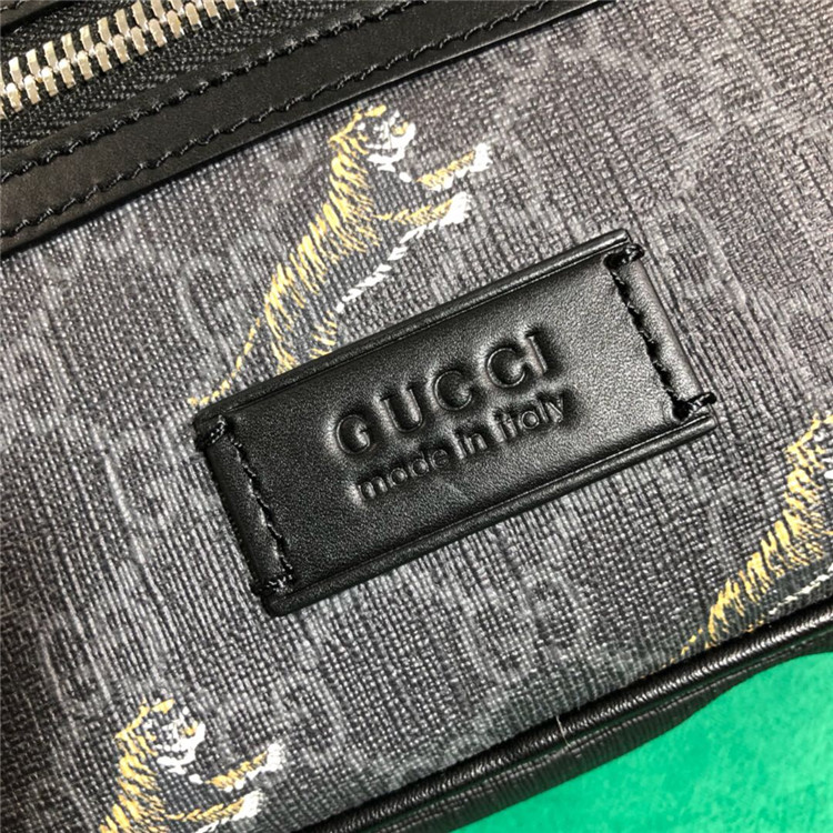 Gucci/古驰 474293 饰老虎印花 黑色帆布腰包