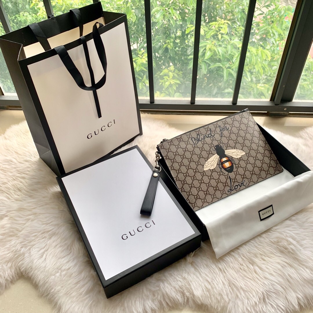 Gucci/古驰 473904 蜜蜂印花高级人造帆布手拿包