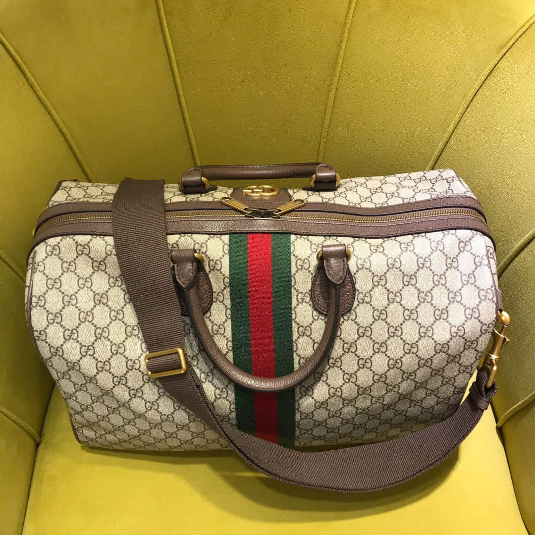 Gucci 547953 GG Supreme Keepall 红绿织带装饰旅行包