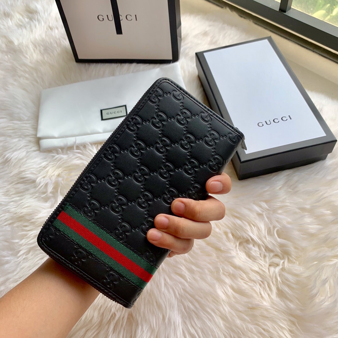 Gucci/古驰 308009 ssima 经典红绿织带 压花牛皮拉链