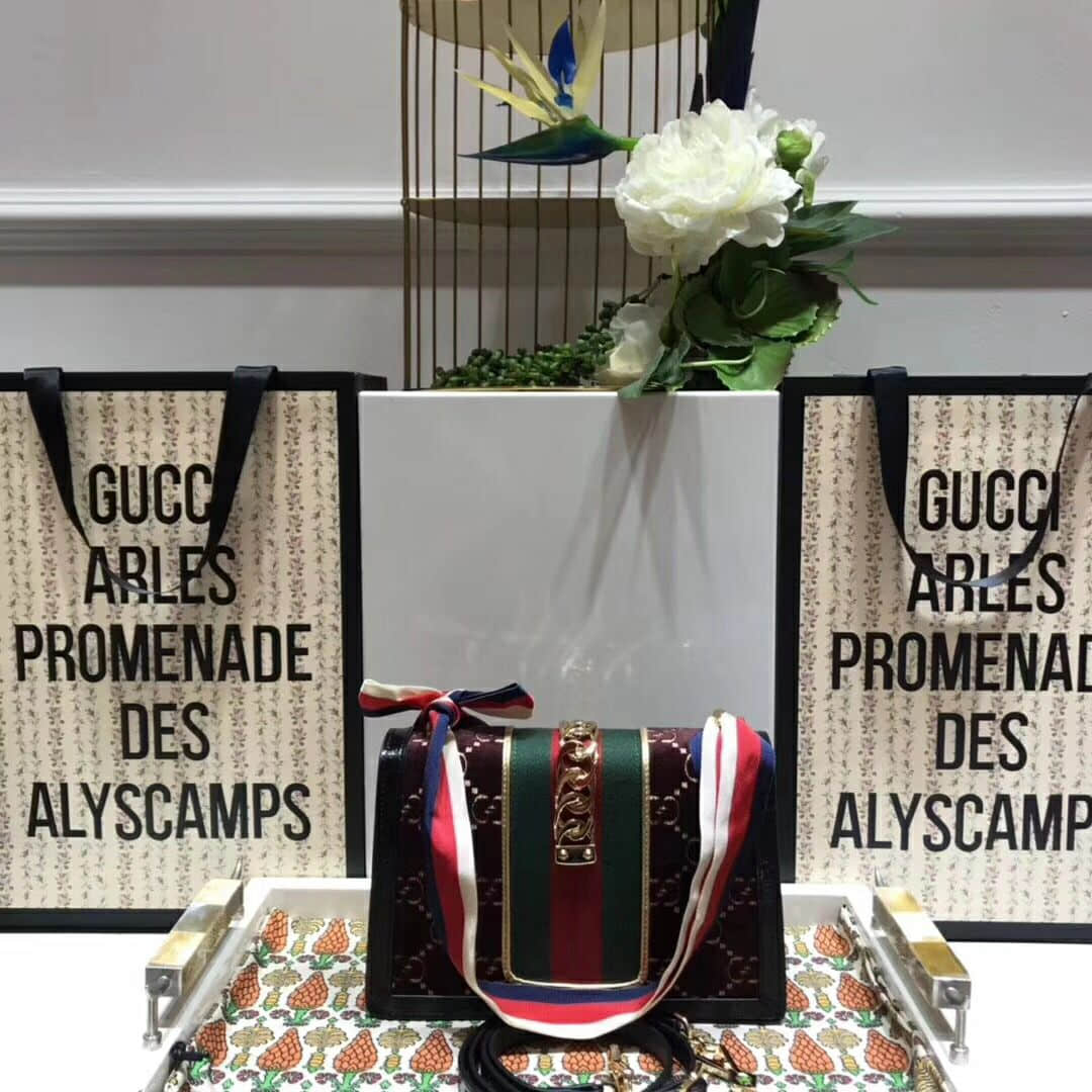 Gucci/古奇 524405 Sylvie系列GG天鹅绒小号肩背包