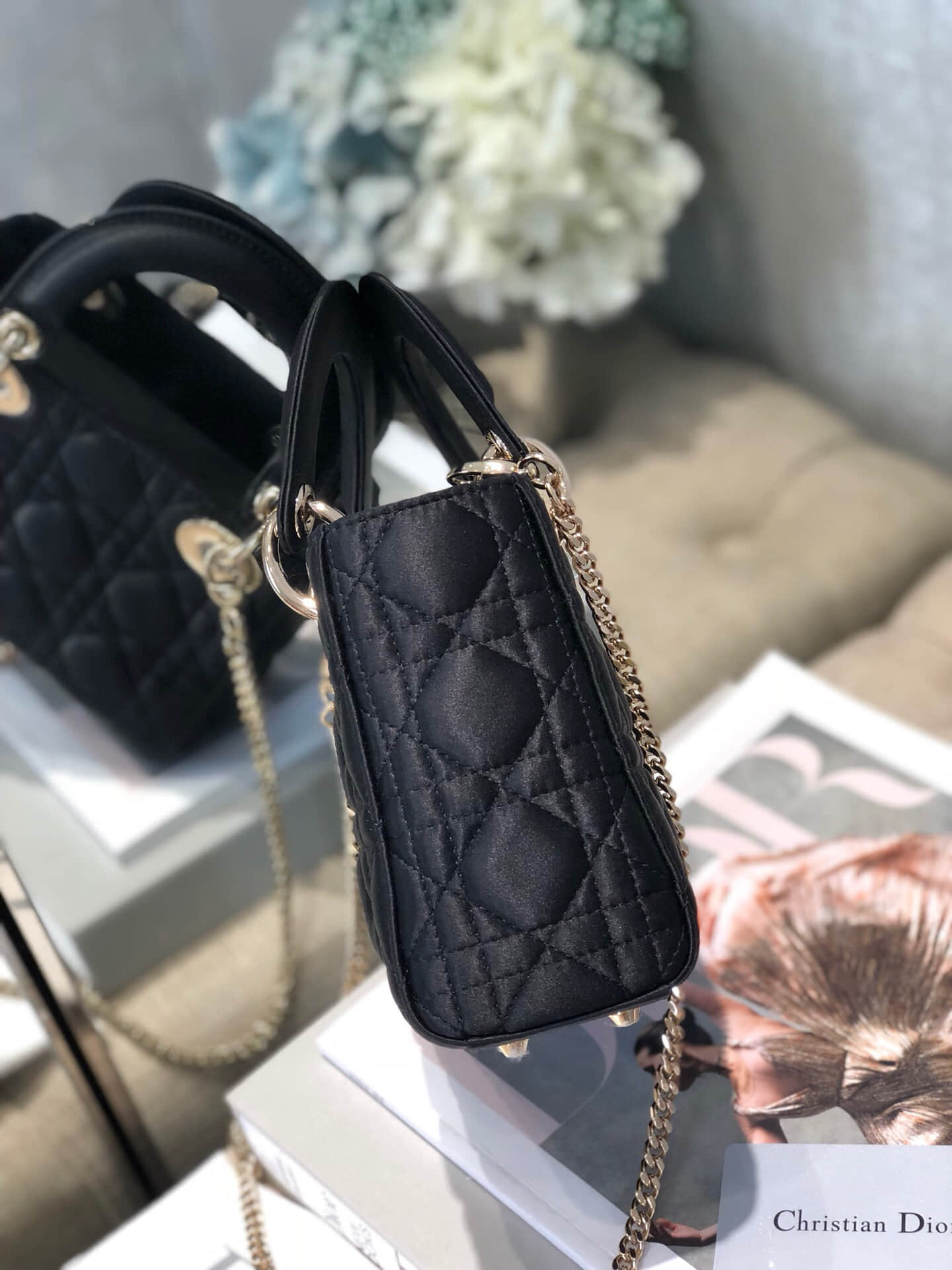 Dior Mini Lady satin crystal 3D水晶扣缎面3格戴妃包