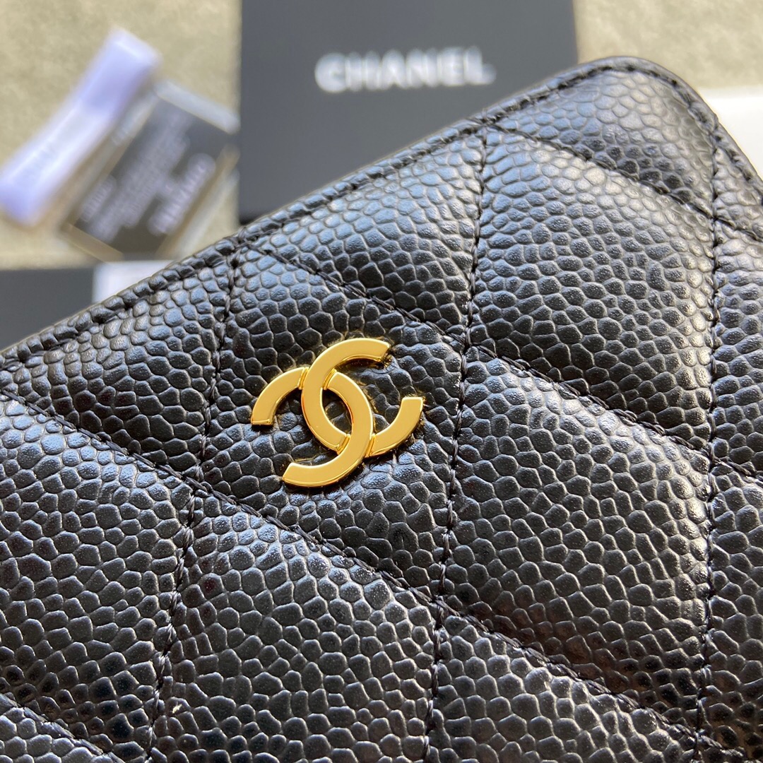 CHANEL进口意大利粒颗小牛皮小拉链卡包 A69271黑色