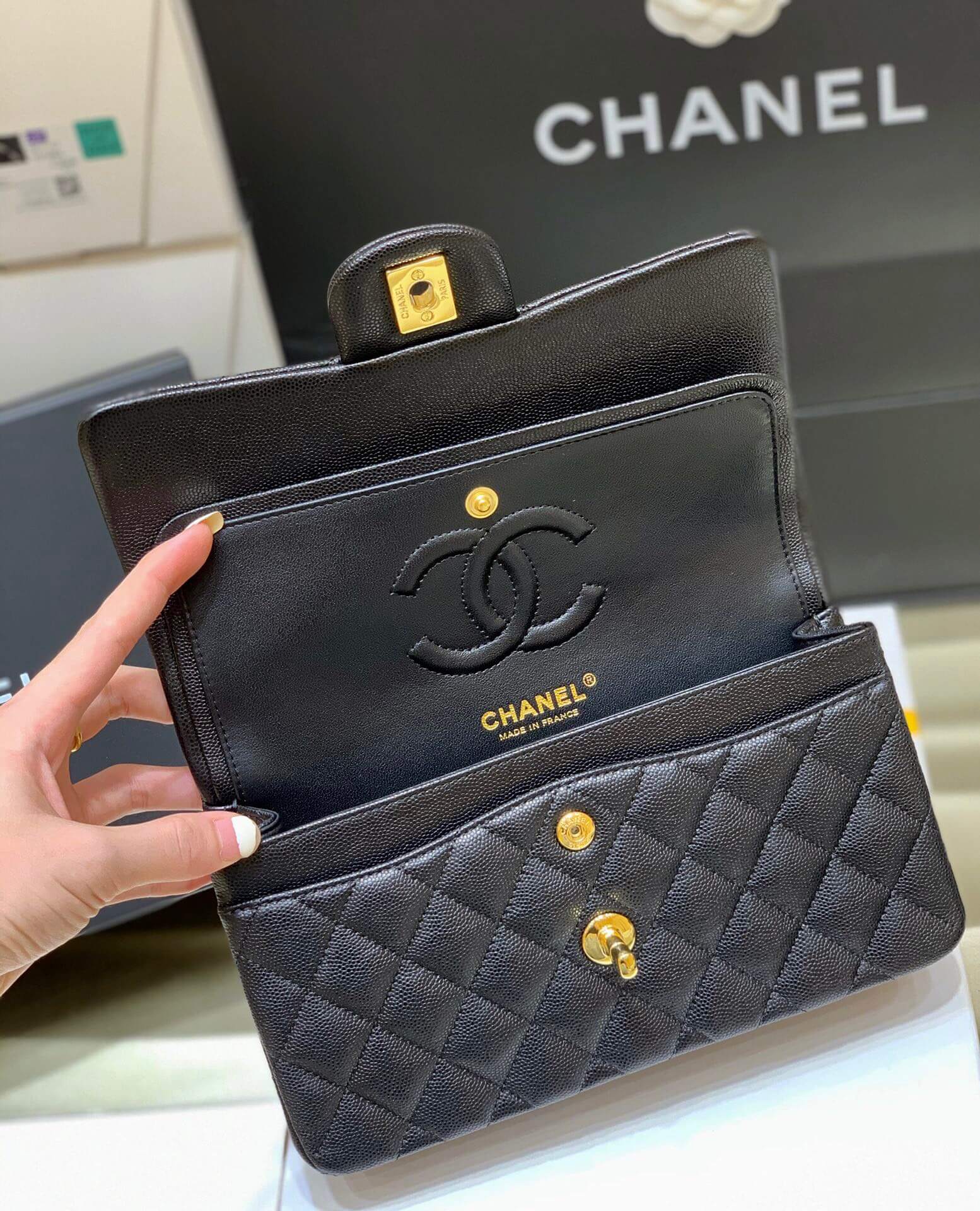 Chanel CF23 Classic flap bag A01113黑色小球纹牛皮金扣