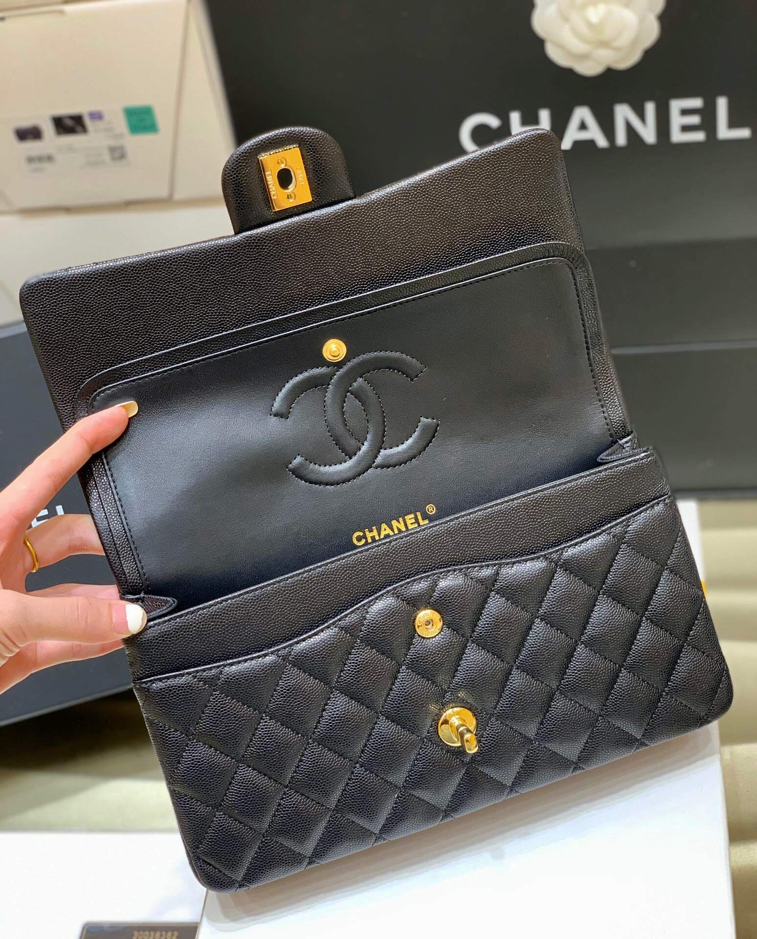 Chanel CF25 Classic flap bag A01112黑色小球纹金扣