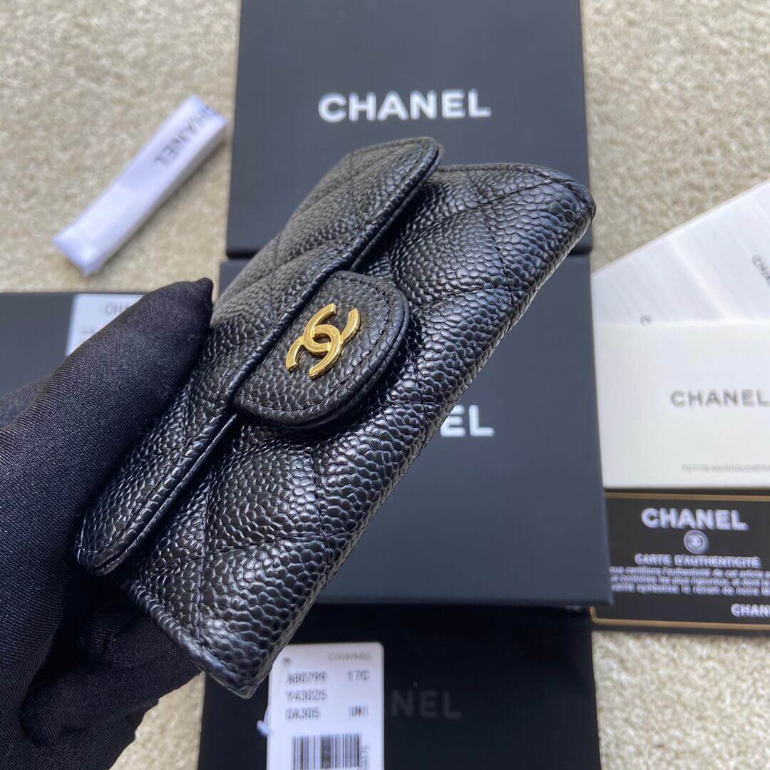 CHANEL进口意大利颗粒小牛皮钱夹 A80799黑色球纹金