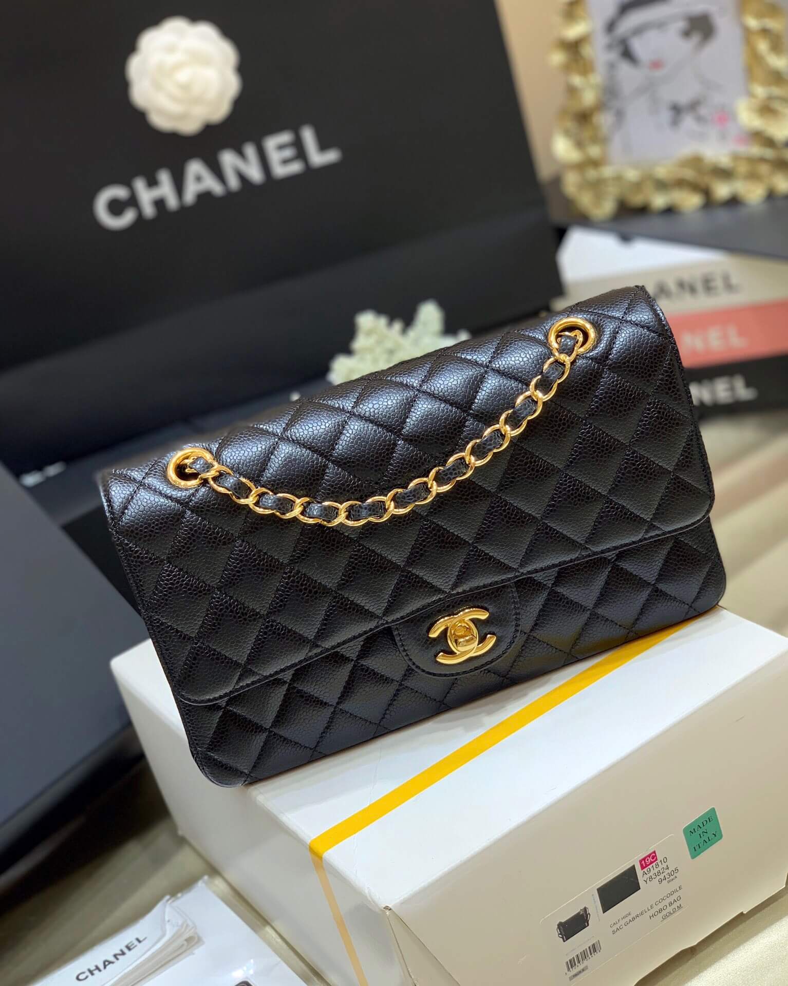 Chanel香奈儿 CF25 Classic flap bag A01112黑色牛皮金扣