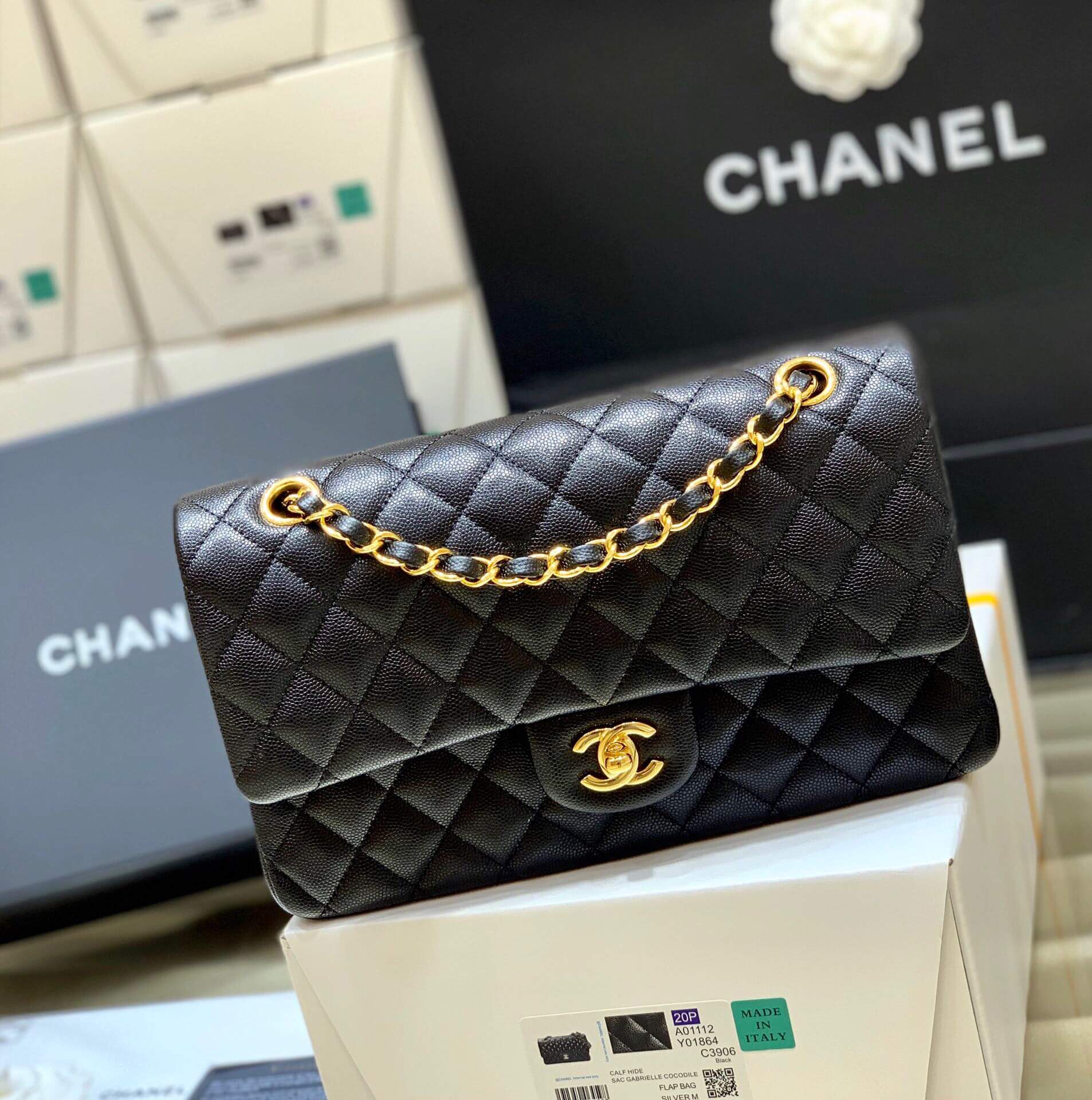 Chanel CF25 Classic flap bag A01112黑色小球纹金扣