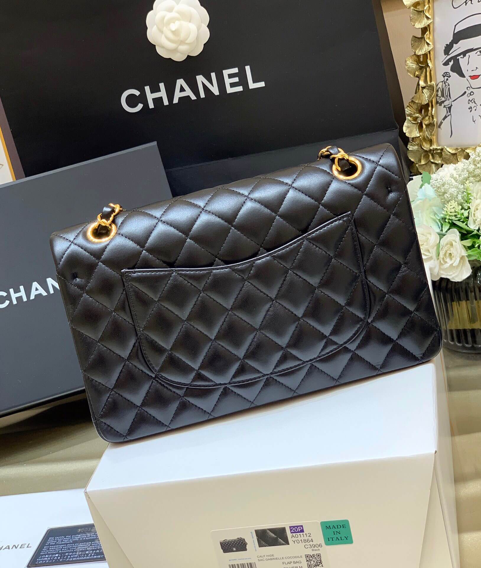 Chanel香奈儿 CF25 Classic flap bag A01112黑色羊皮金扣