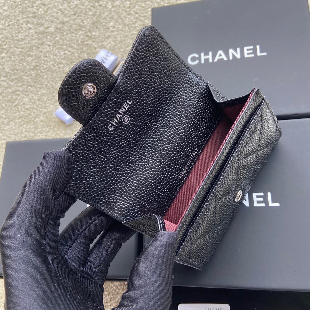 CHANEL进口意大利颗粒小牛皮钱夹 A80799黑色球纹银