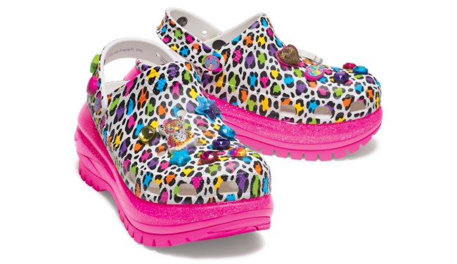 Crocs, Lisa Frank, clogs, platforms, platform shoes, platform clogs, foam clogs, pink clogs, printed clogs, leopard print shoes, leopard print clogs, rainbow clogs, rainbow shoes, rainbow platforms, Jibbitz, Jibbitz charms, collaborations 