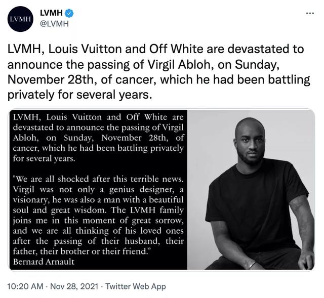 突发！Off-White创始人Virgil Abloh逝世