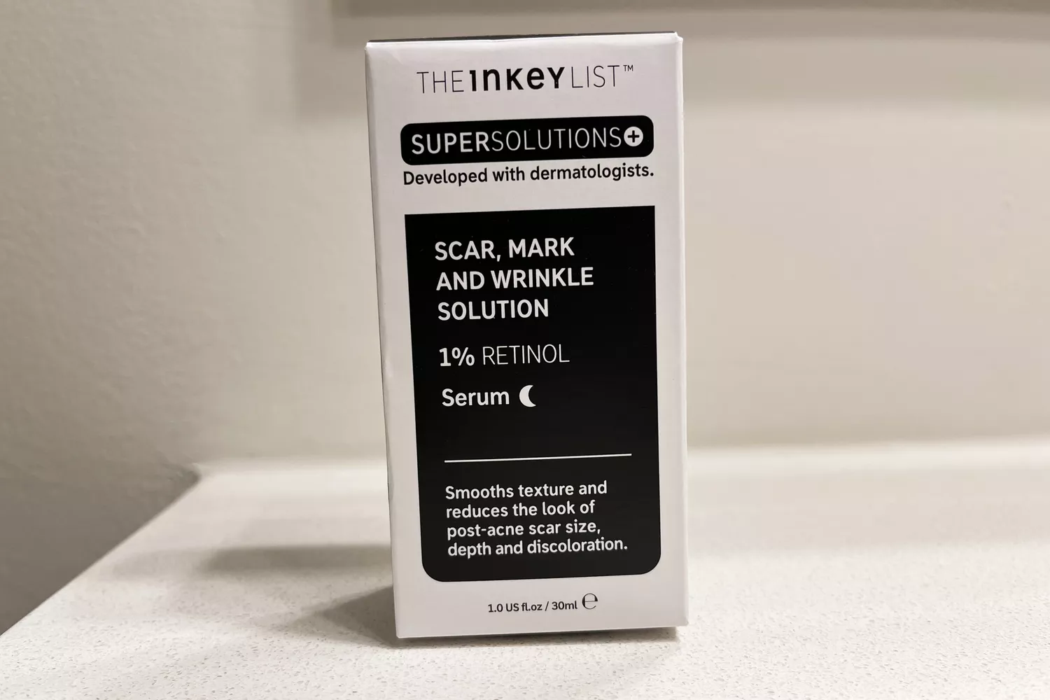 The packaging of the The INKEY List SuperSolutions 1% Retinol Serum 